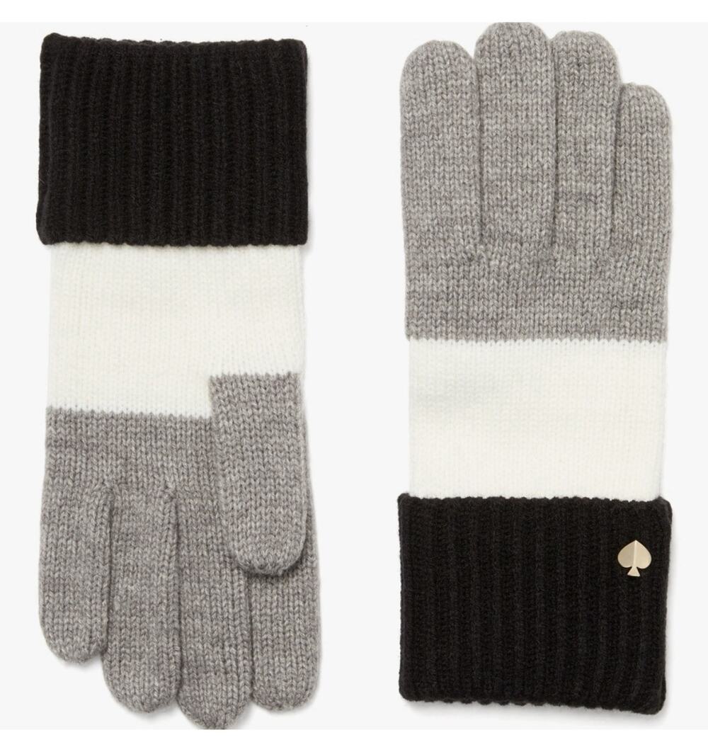 Kate Spade Gloves Women’s OS Knit Wool Blend Colorblock Gray Cream Black Charmed